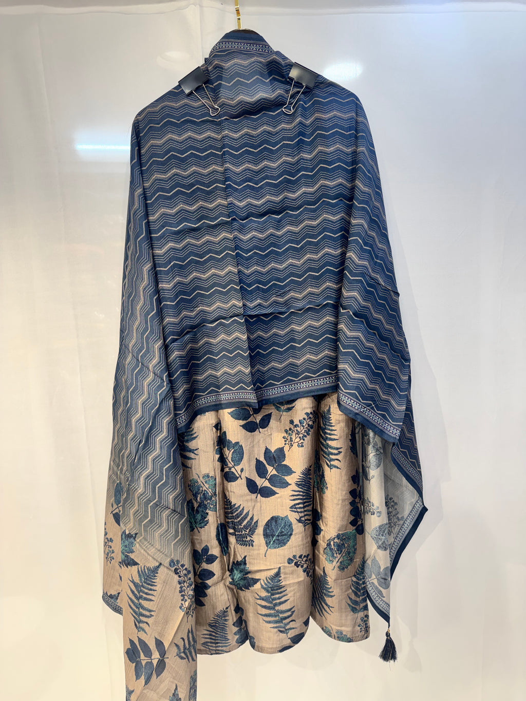 Beige & Blue Botanical Kurta Set with Dupatta