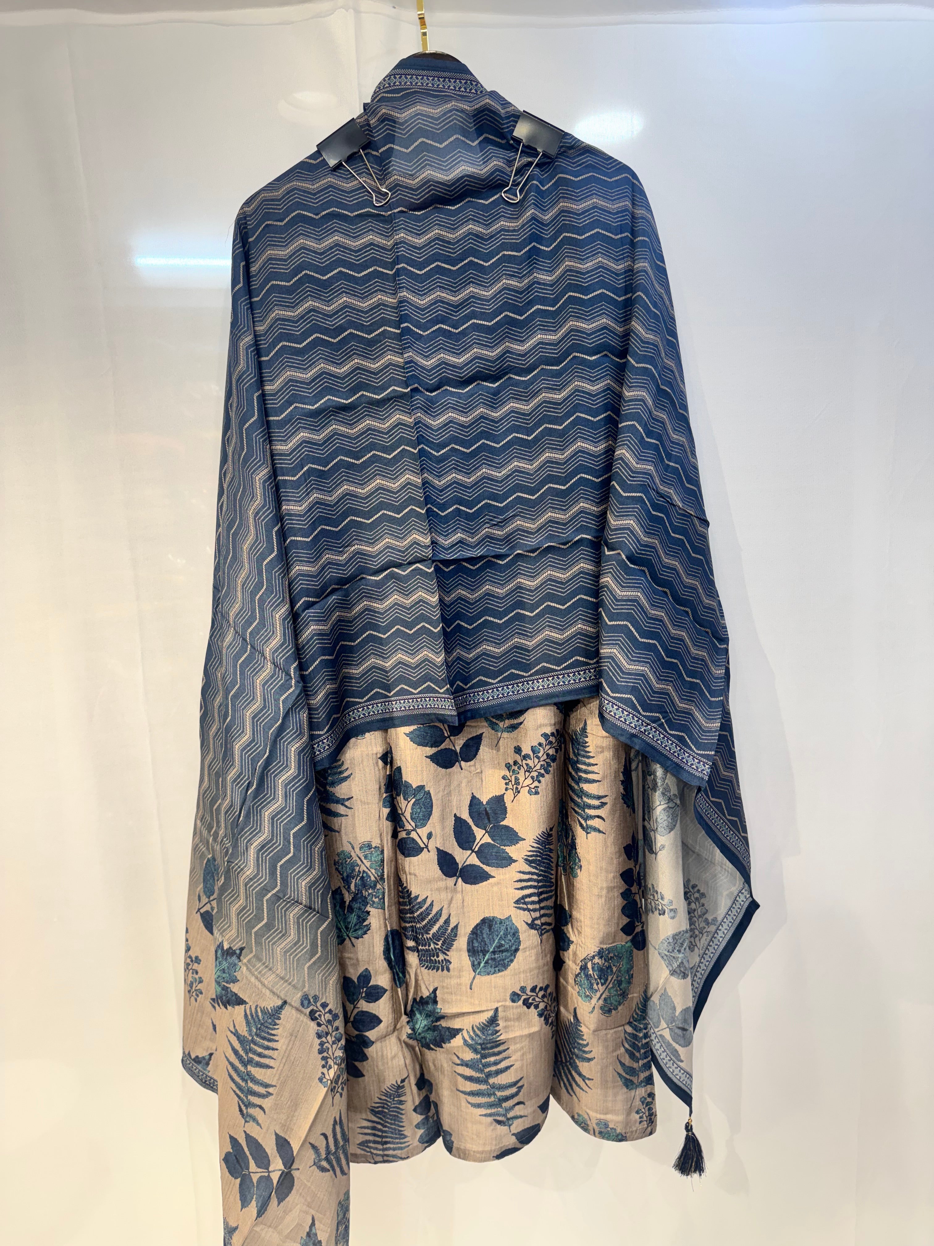 Beige & Blue Botanical Kurta Set with Dupatta