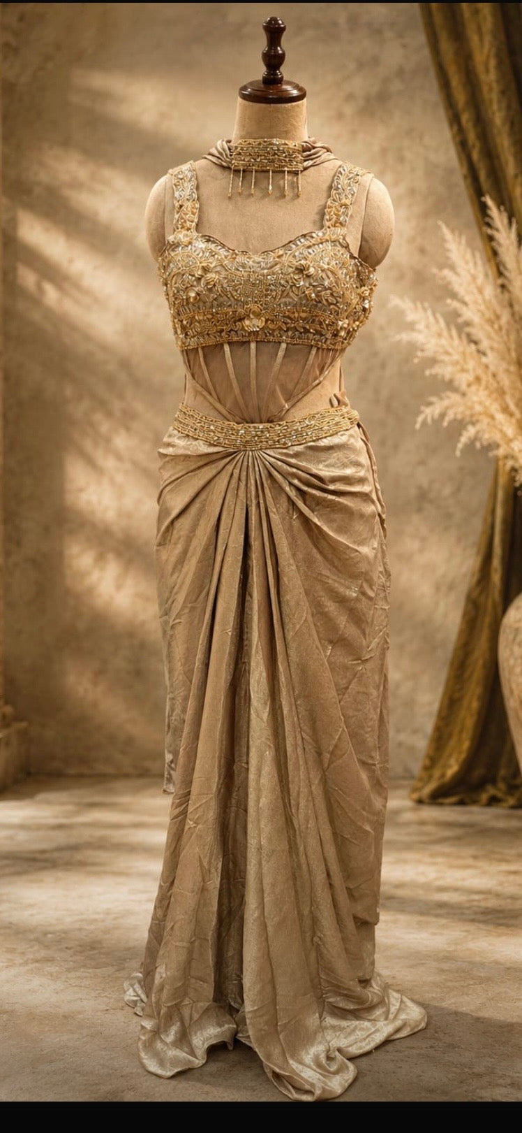 The Aurelia Draped Indo-Western Set or Gilded Corset & Draped Skirt Ensemble