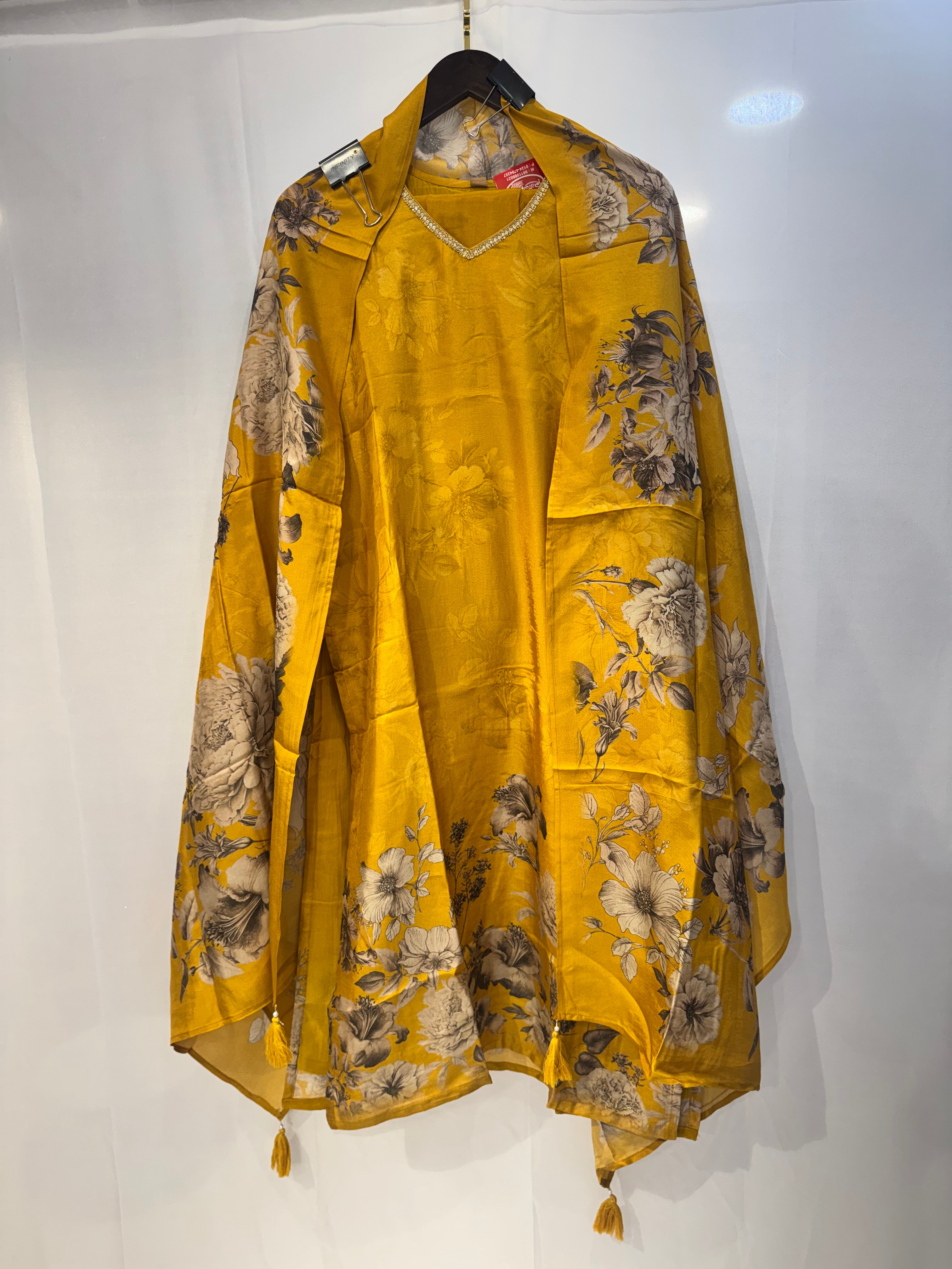 Mustard yellow floral cotton kurti set with Dupata