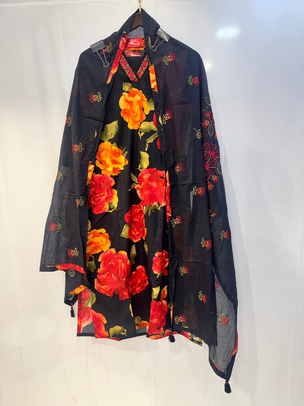 Black Floral Kurta Set with Embroidered Dupatta