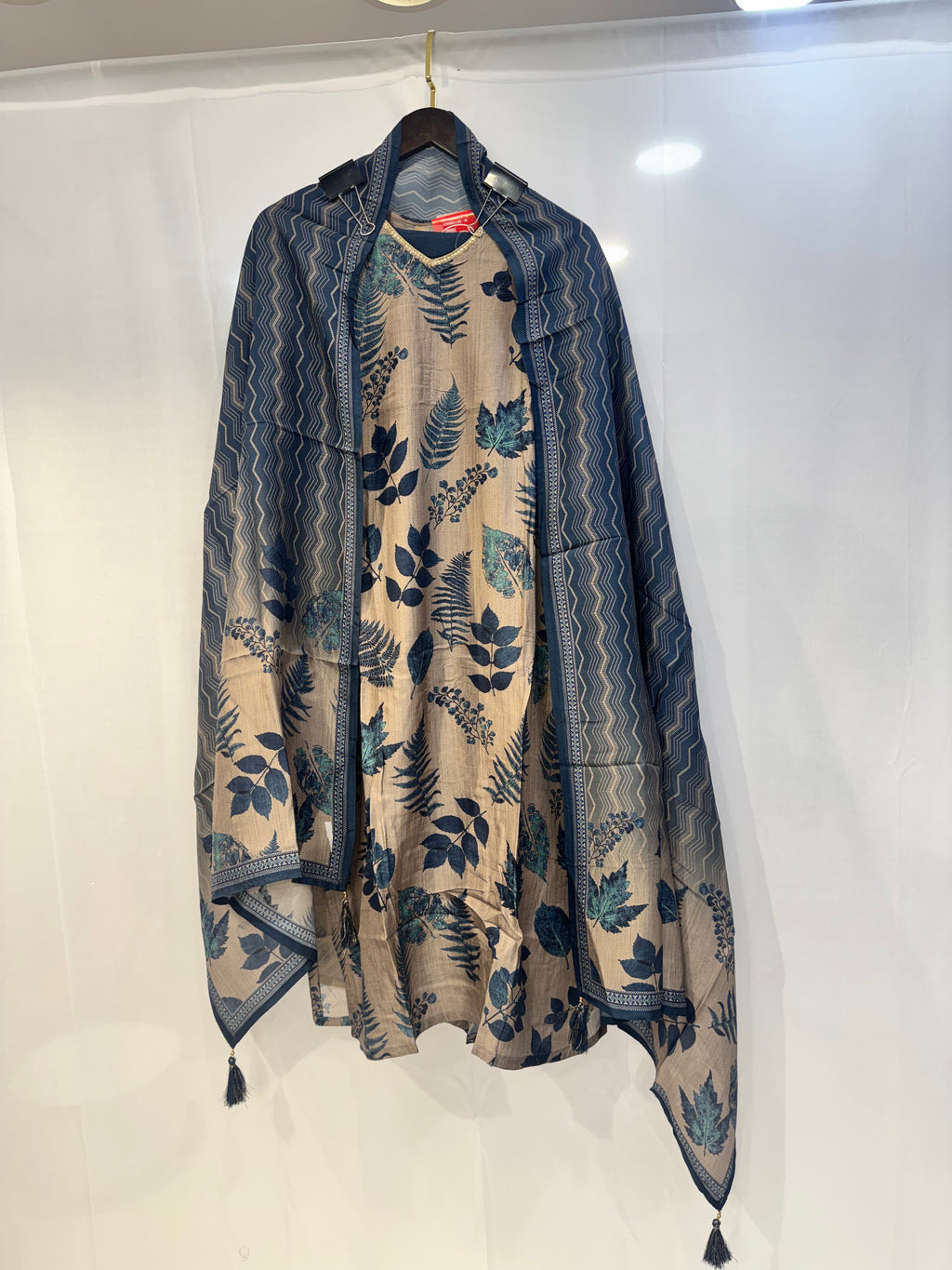 Beige & Blue Botanical Kurta Set with Dupatta