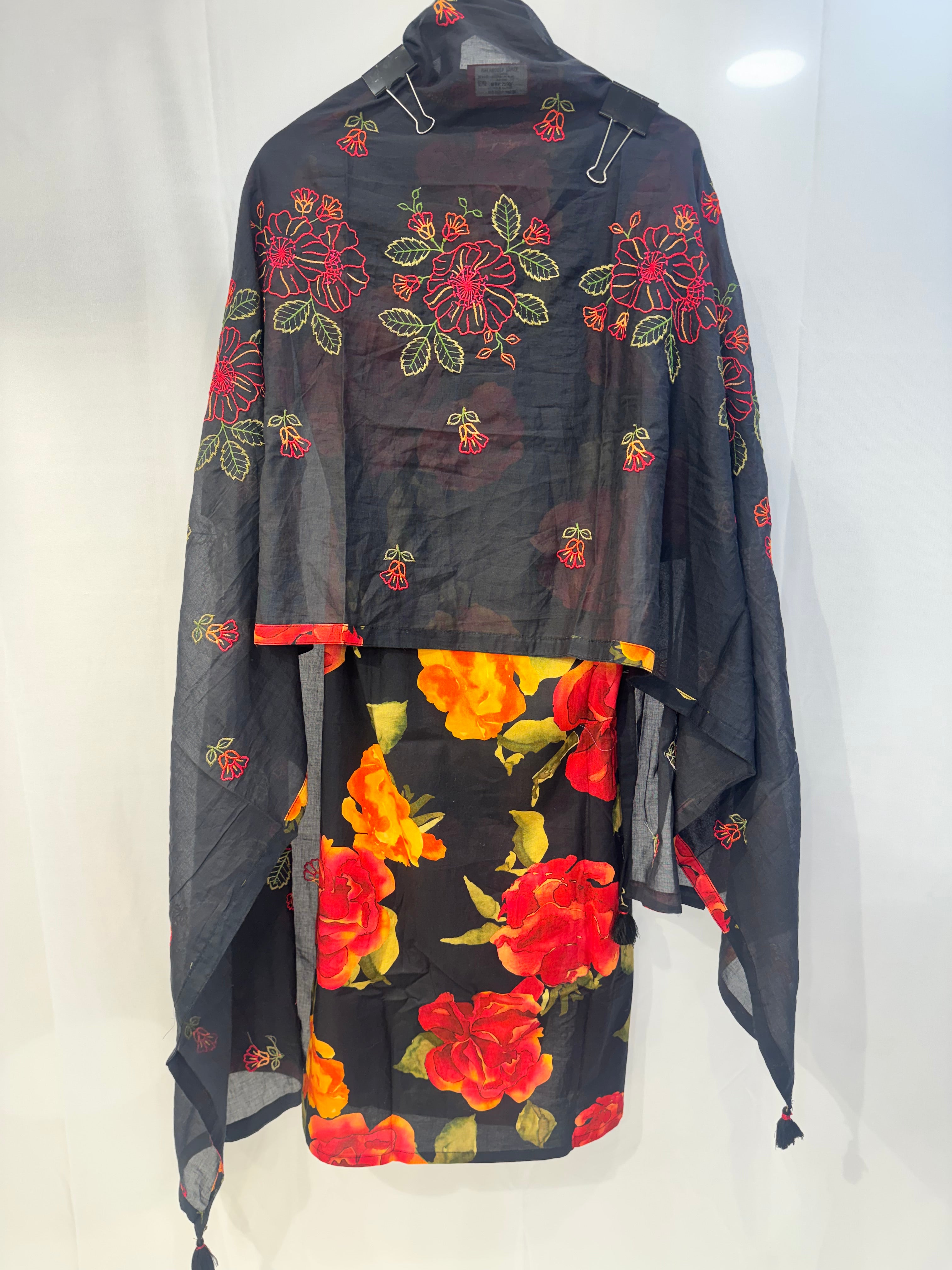 Black Floral Kurta Set with Embroidered Dupatta