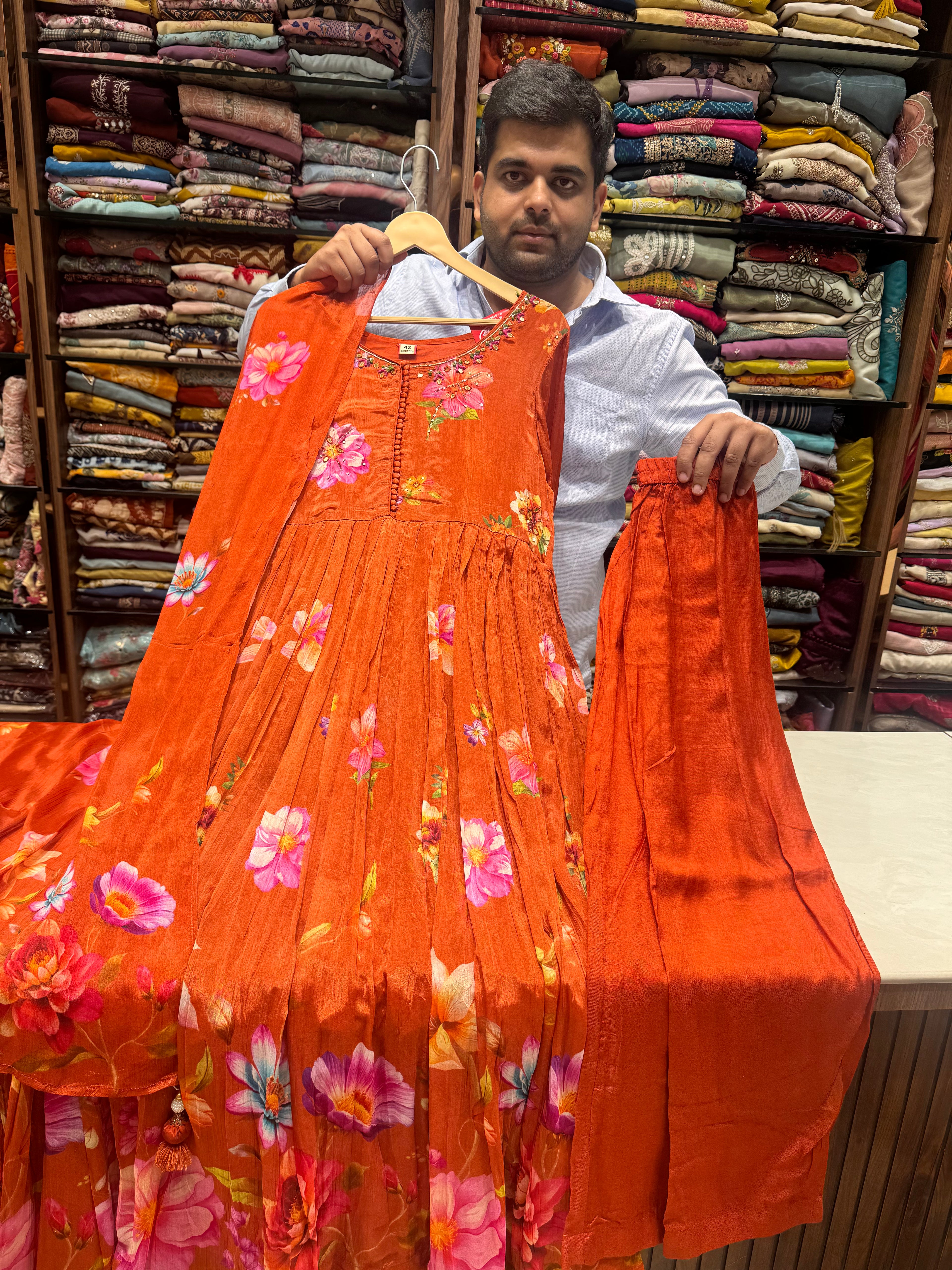 Rust colour chinon anarkali suit